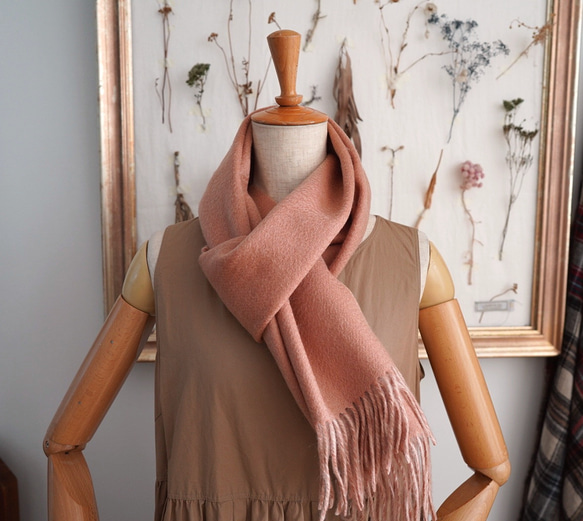 カシミア100％○コーラルオレンジ○ 二重織り フリンジマフラー