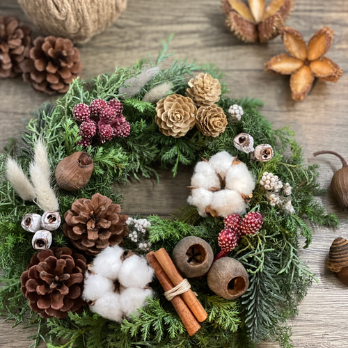 リース(コットンフラワー&木の実) /ホワイト クリスマス ドライ
