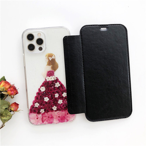 マゼンタドレス 押し花【手帳型スマホケース】 iPhoneケース  