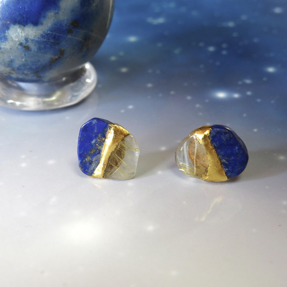 流星群＊Lapis lazuli×Rutile quartz＊金継ぎピアス／M~S size 12枚目の画像