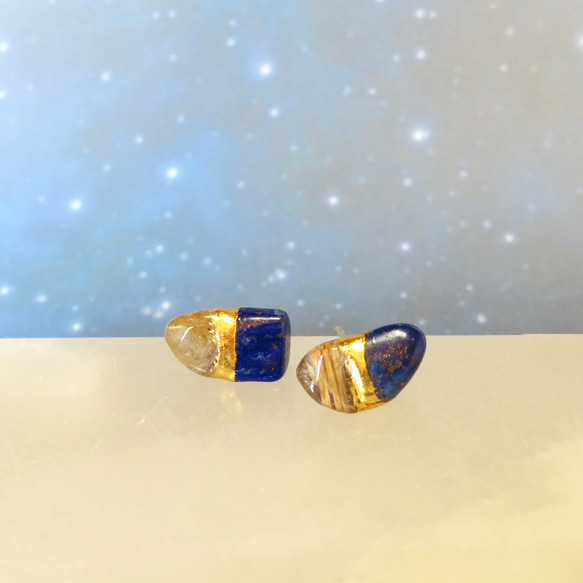 流星群＊Lapis lazuli×Rutile quartz＊金継ぎピアス／M~S size 2枚目の画像