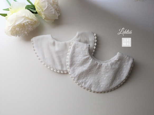 lehtiä Lace bib（white）コットン刺繍レースのスタイ　ご出産祝い・フォーマル・お宮参り 1枚目の画像