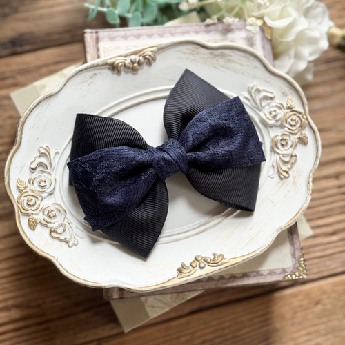 レーストリプルリボン 濃紺 ネイビー バレッタ ポニーフック ゴム