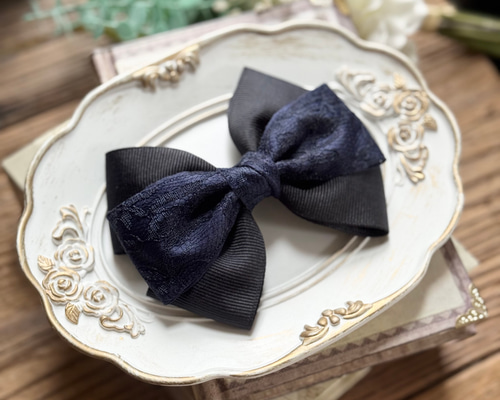 レーストリプルリボン 濃紺 ネイビー バレッタ ポニーフック ゴム