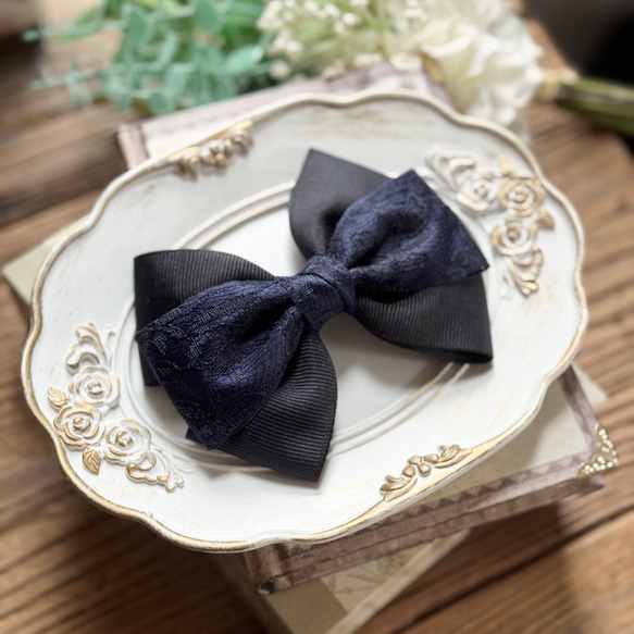 レーストリプルリボン 濃紺 ネイビー バレッタ ポニーフック ゴム