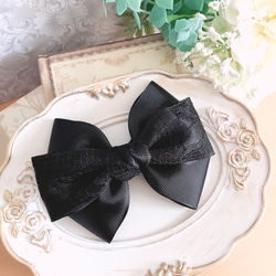 レーストリプルリボン 黒 ブラック バレッタ ポニーフック ゴム