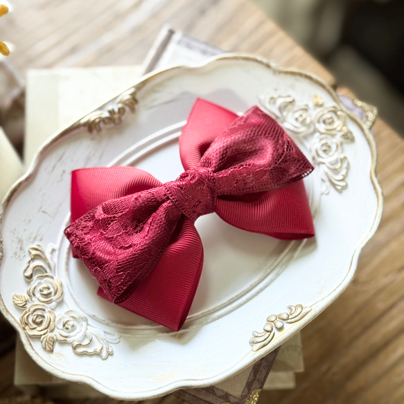 レーストリプルリボン 赤 レッド バレッタ ポニーフック ゴム 入学式