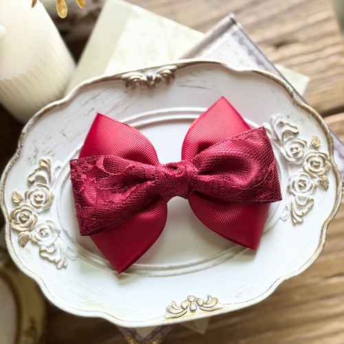 レーストリプルリボン 赤 レッド バレッタ ポニーフック ゴム 入学式