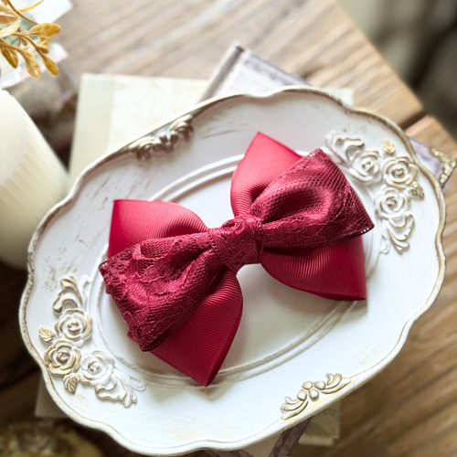 レーストリプルリボン 赤 レッド バレッタ ポニーフック ゴム 入学式