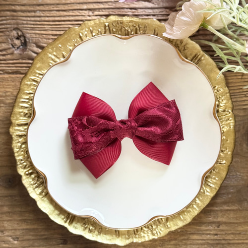 レーストリプルリボン 赤 レッド バレッタ ポニーフック ゴム 入学式