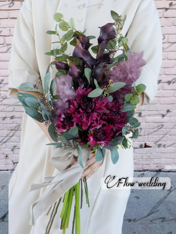 大人かわいいボルドー色のブーケ カラーとダリア 造花 前撮り お色直し