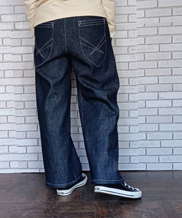 ワンウォッシュ ストレッチデニムストレートデニムパンツ ／ダークネイビー／ 岡山 デニム ／選べる サイズ選べるポケット 4枚目の画像