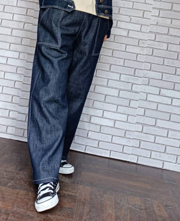 ワンウォッシュ ストレッチデニムストレートデニムパンツ ／ダークネイビー／ 岡山 デニム ／選べる サイズ選べるポケット 3枚目の画像
