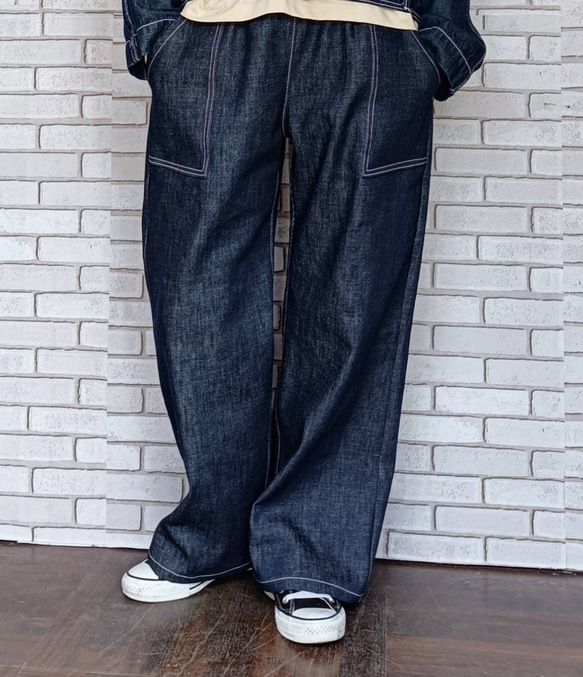 ワンウォッシュ ストレッチデニムストレートデニムパンツ ／ダークネイビー／ 岡山 デニム ／選べる サイズ選べるポケット 2枚目の画像