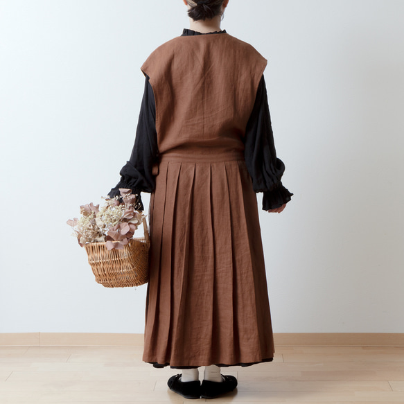 成人女孩側開圍裙 Cache Coeur 洋裝 - 法國亞麻/磚棕色 第3張的照片