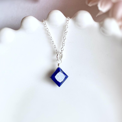 宝石質ラピスラズリ プリンセスカット ネックレス 14kgf/sv925 9月•12