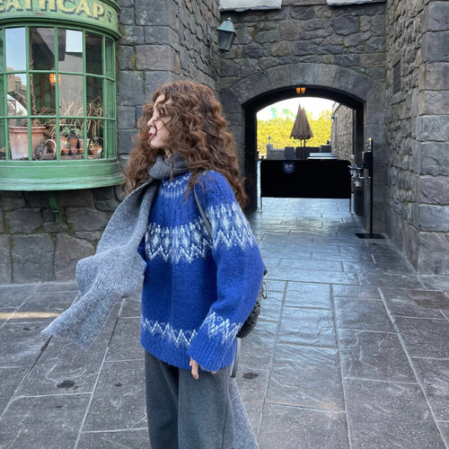 在庫のみ【ウール混】フェアアイルセーター プルオーバー【秋冬春】青