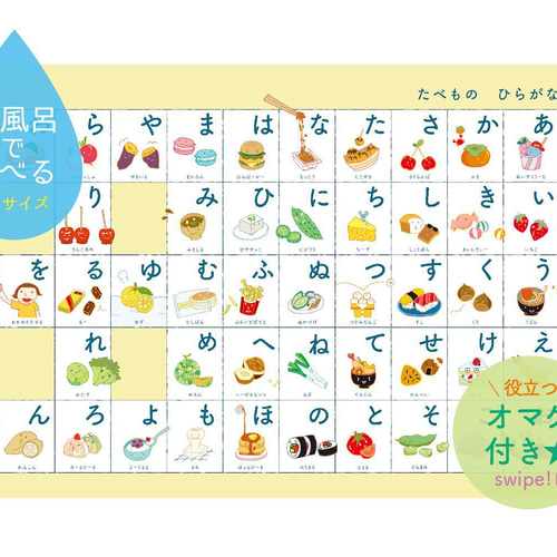 楽しい食べ物アイウエオ表 キッズ 知育ポスター カタカナ［お風呂対応 