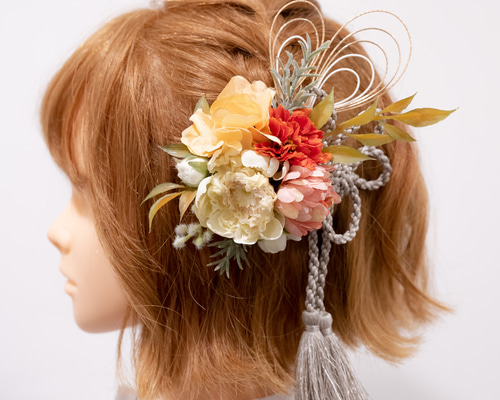 1点もの】オレンジ・ピンクのヘアクリップ＆組紐セットA 卒業式袴髪