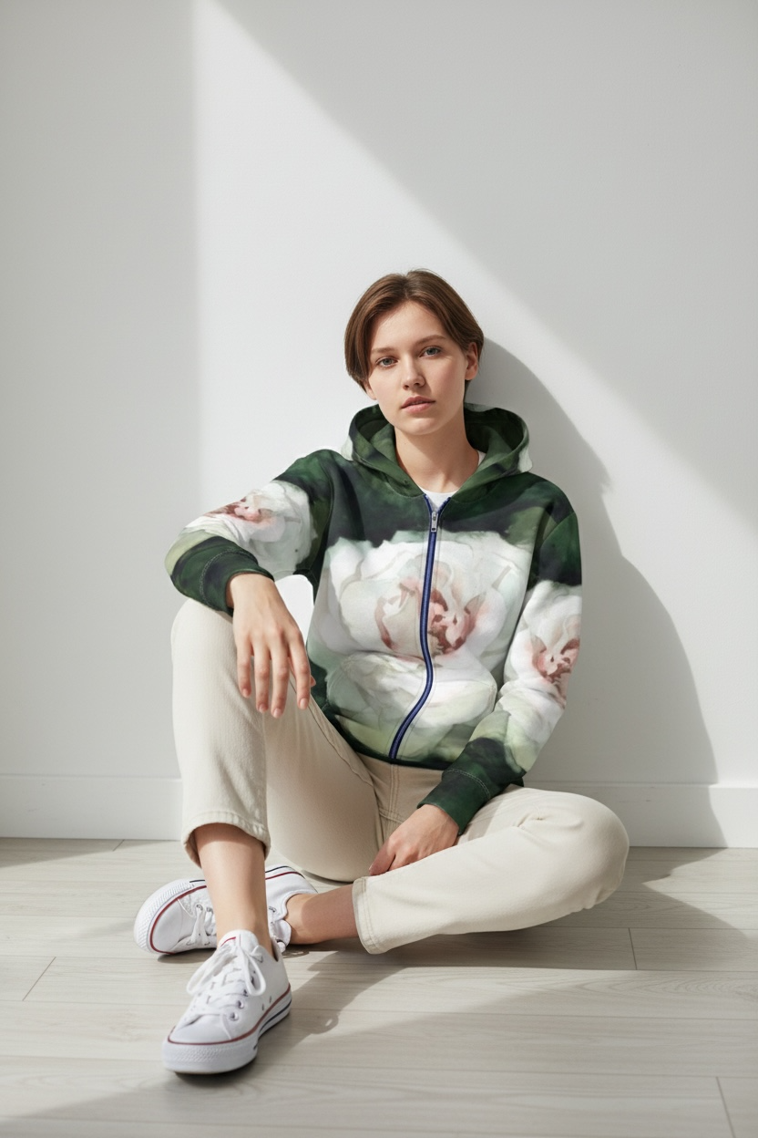 チャックの色が選べるガーデンの白いバラパーカー