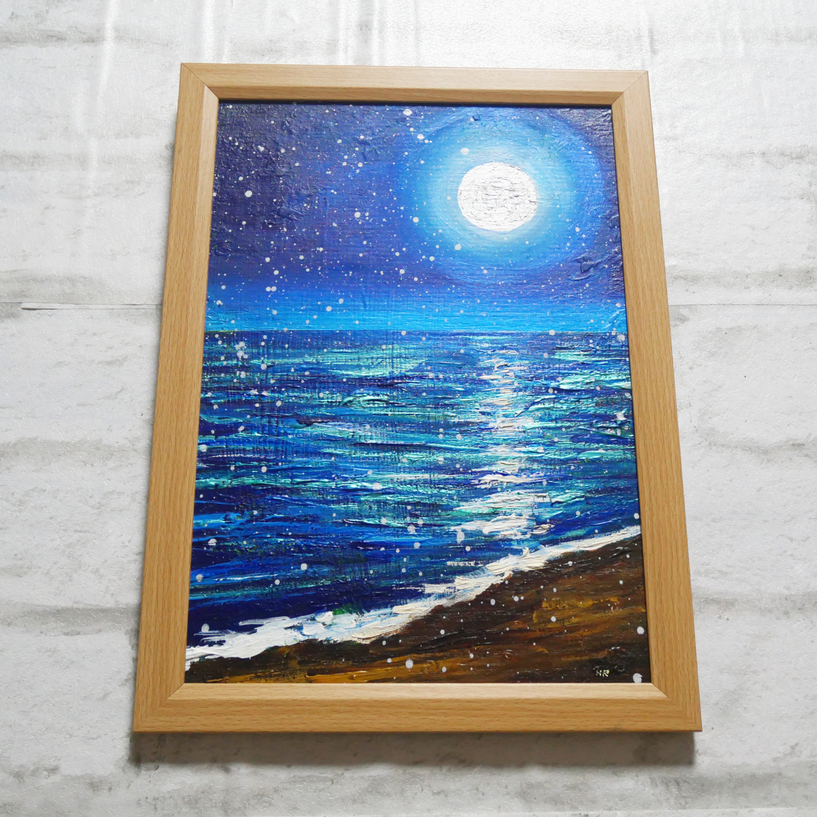 油絵 油彩 油彩画 絵 絵画 【白黒の満月と星空の海】