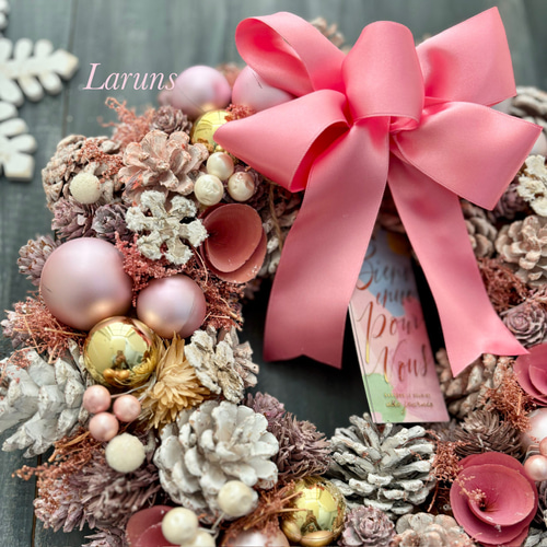 ピンククリスマス、コットンと木の実たっぷりクリスマスリース35