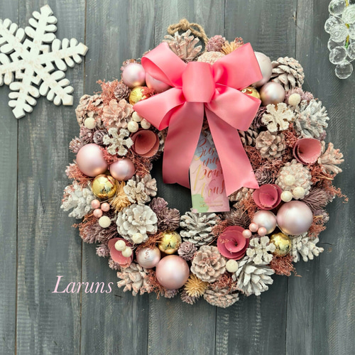 ピンククリスマス、コットンと木の実たっぷりクリスマスリース35