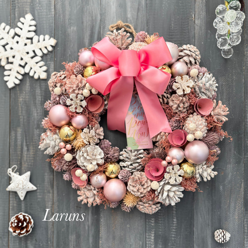 ピンククリスマス、コットンと木の実たっぷりクリスマスリース35㎝直径