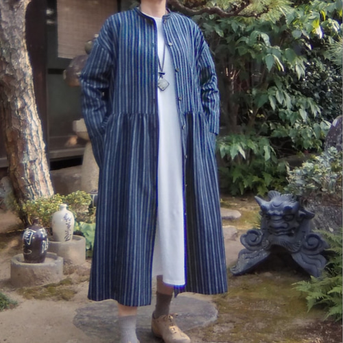 ハンドメイド 着物リメイク 縞木綿 の プルオーバー チュニック長袖 ハンドメイド 着物リメイク 縞木綿 の プルオーバー チュニック長袖