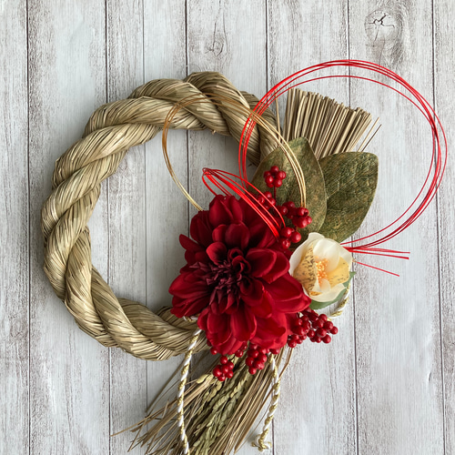 しめ縄リースピンクダリア椿水引