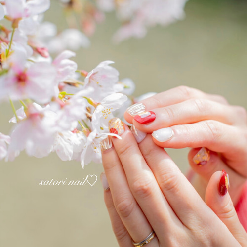 和装赤茶系ネイルチップ 成人式 卒業式 結婚式 ブライダル ネイル