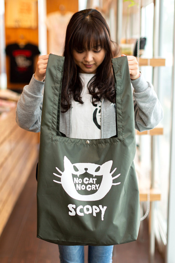 SCOPYネコ　マルシェバッグ 「NO CAT NO CRY」 オリーブ 2枚目の画像