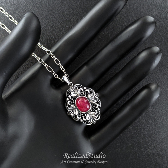 Rubellite Oak Leaf Reliefs Lace Openwork 925 Silver Pendant 4枚目の画像