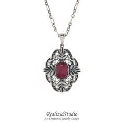 Rubellite Oak Leaf Reliefs Lace Openwork 925 Silver Pendant 6枚目の画像