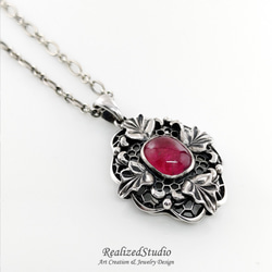 Rubellite Oak Leaf Reliefs Lace Openwork 925 Silver Pendant 5枚目の画像