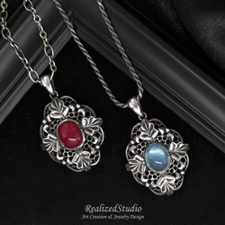 Rubellite Oak Leaf Reliefs Lace Openwork 925 Silver Pendant 8枚目の画像