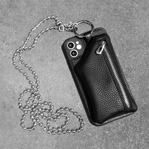 高級PUレザー iPhoneケース スマホショルダー ボールチェーン ブラック