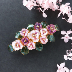 barrette　山茶花 桜  葉 和モダン　くすみピンク【受注制作】 5枚目の画像