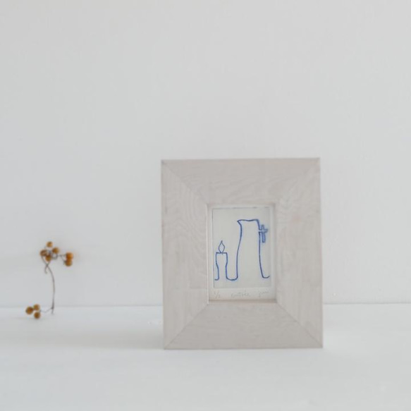 キャンドルの絵・青い小さな銅版画「 entree 」木製額入り/送料無料 4枚目の画像