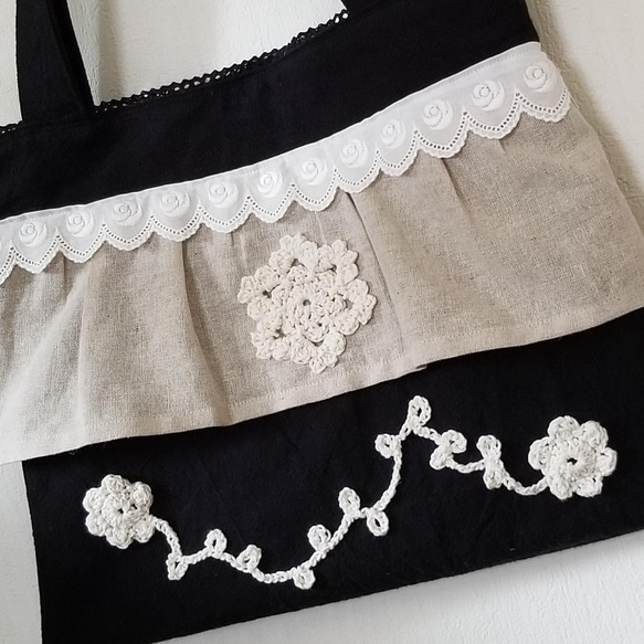 おしゃれなトートバッグ。お花&葉っぱのモチーフ編みとドイリー編み大人可愛いバッグ。 9枚目の画像