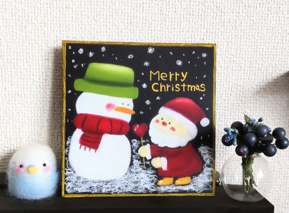 メリークリスマス！雪だるまさんにも愛を届けるサンタさん　チョークアート【原画】 1枚目の画像