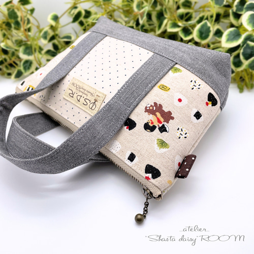 トート型ファスナーポーチ／おにぎり』【A】グレー ミニトート