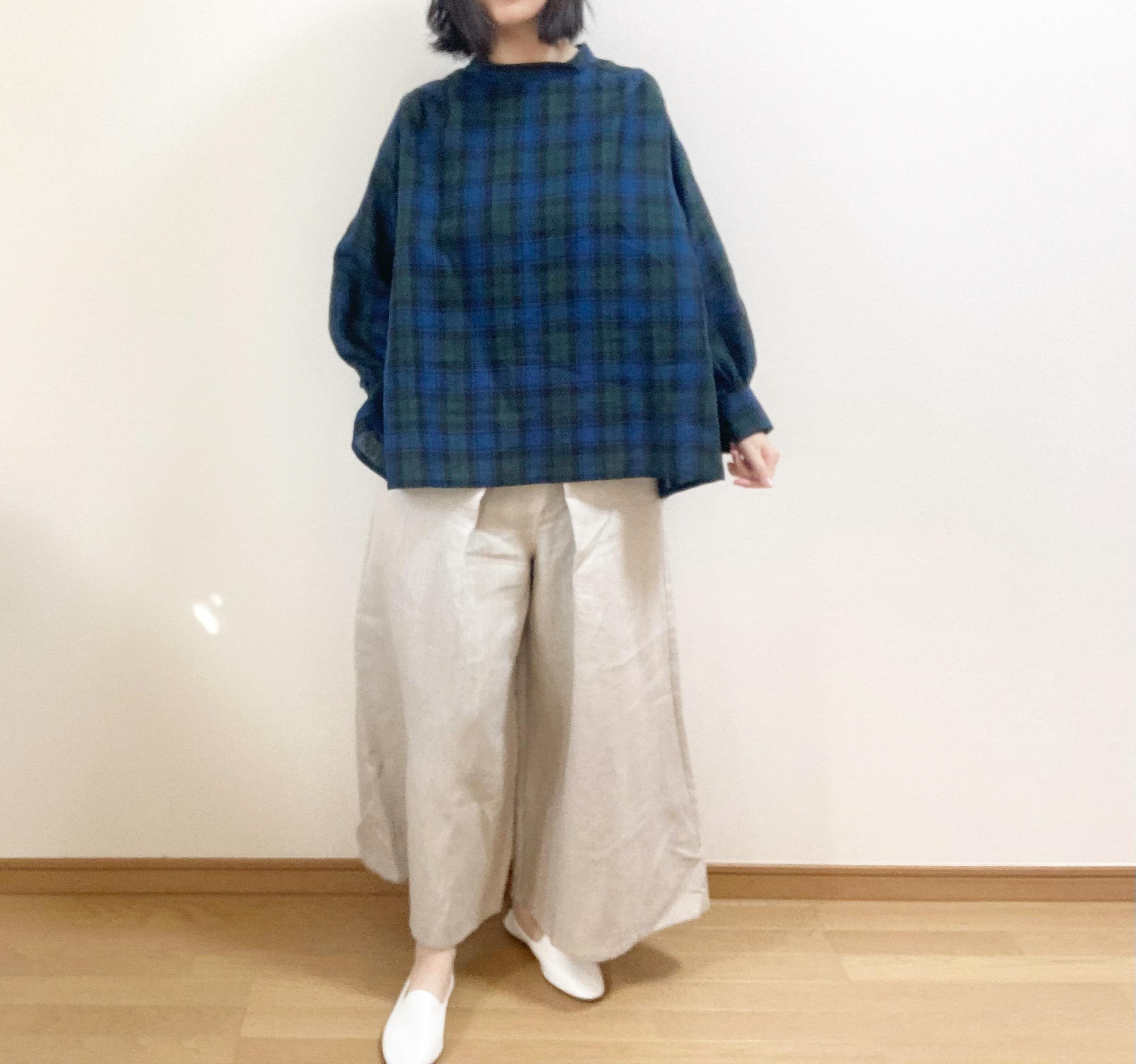 バックあきリネンナチュラルブラウス　【ブラックウォッチ】大人モードな雰囲気