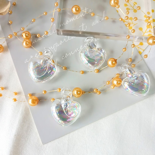 4個】ハート型 シャボン玉ガラスチャーム オーロラクリア ガラス