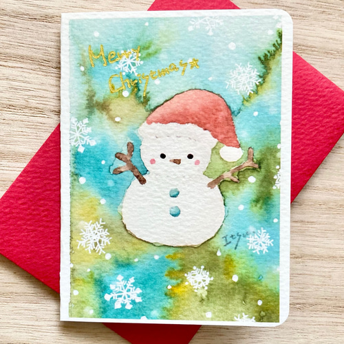 透明水彩画「雪だるまサンタ」2枚セット クリスマスミニカード