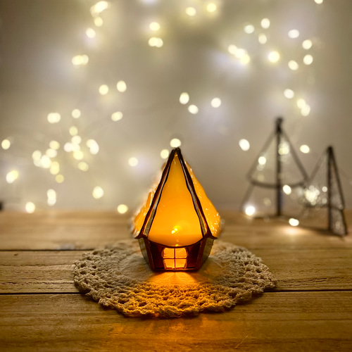 ✩* 北欧の小さなおうち⑅ (プラム) ステンドグラス キャンドル