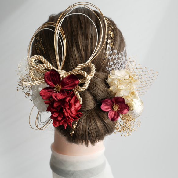 A301 赤 ドライフラワー髪飾り ダブルリボン 水引 和玉 成人式 卒業式