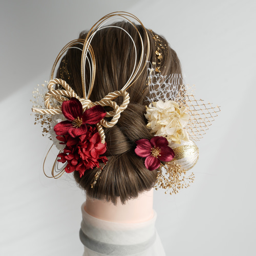 A301 赤 ドライフラワー髪飾り ダブルリボン 水引 和玉 成人式 卒業式