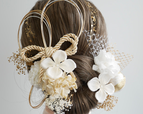 和装 髪飾りダブルリボン 細長 A302 白ゴールド ドライフラワー髪飾り ダブルリボン 水引 和玉 成人式