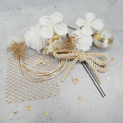A302 白ゴールド ドライフラワー髪飾り ダブルリボン 水引 和玉 成人式